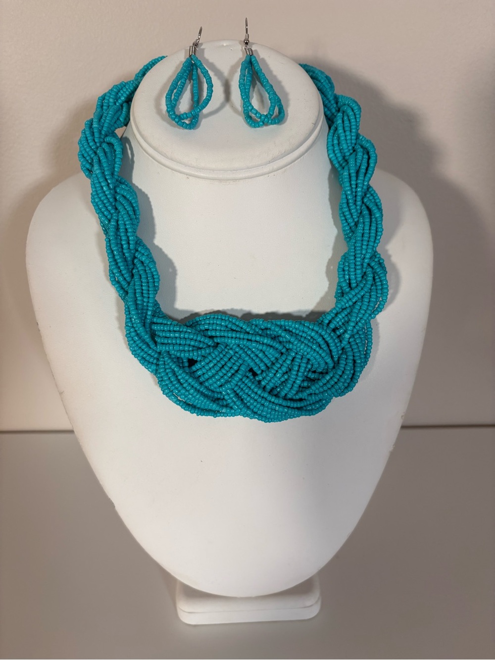 Paparazzi Bright Turquoise Braided Beaded Necklace & Loop Earrings Set